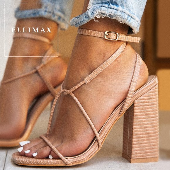 So Me Shoes - NEW🔥 Nude Embossed Strappy Block Heel Sandals Buckle Ankle Strap Thong Open Toe